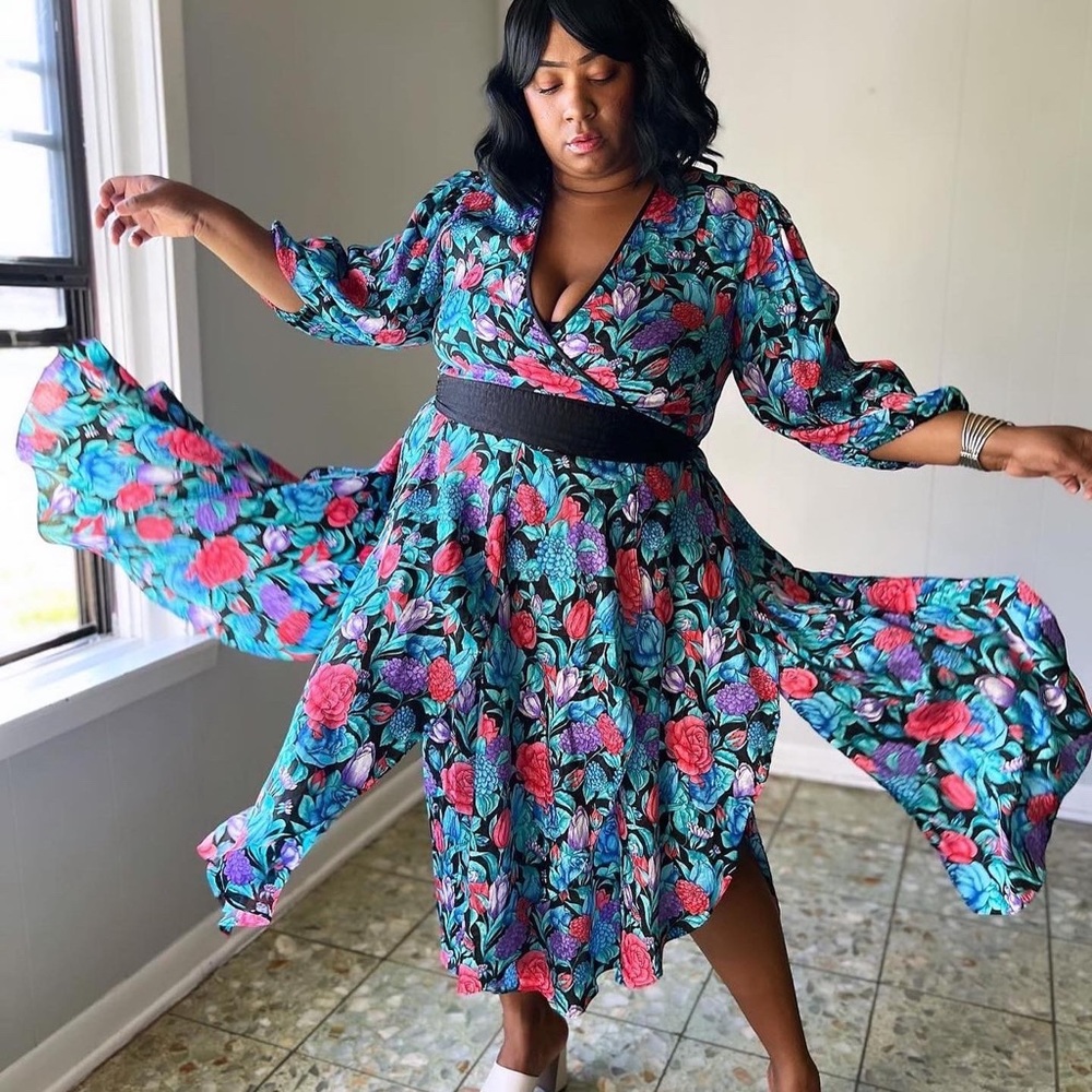 70s 80s Diane Freis Dark Floral Dress - Vintage - Puff Sleeve